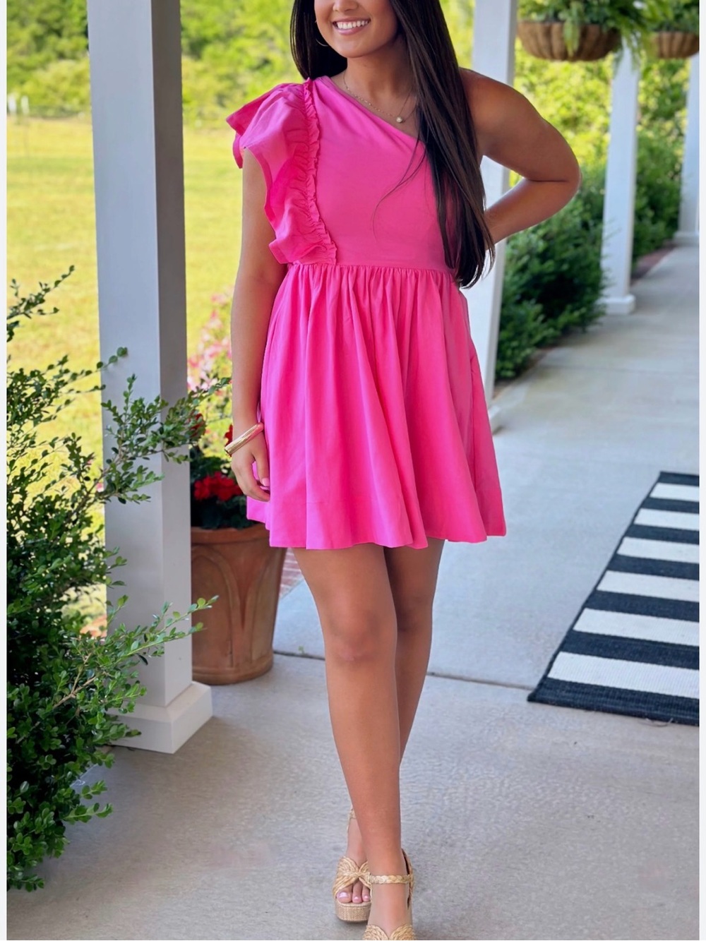 Women’s One-Shoulder Ruffle Dress in Hot Pink